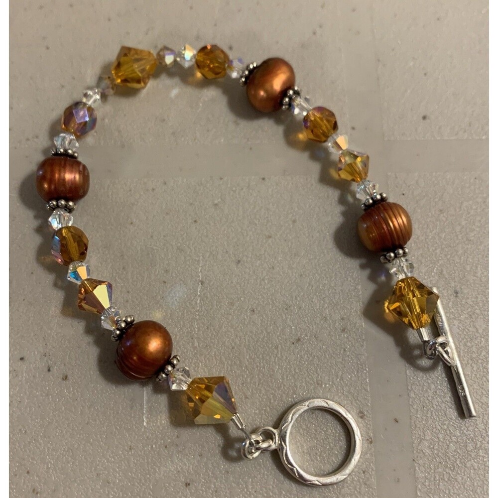 Sterling Silver Freshwater Pearl Faceted Glass Beaded Bracelet 7” Toggle Clasp